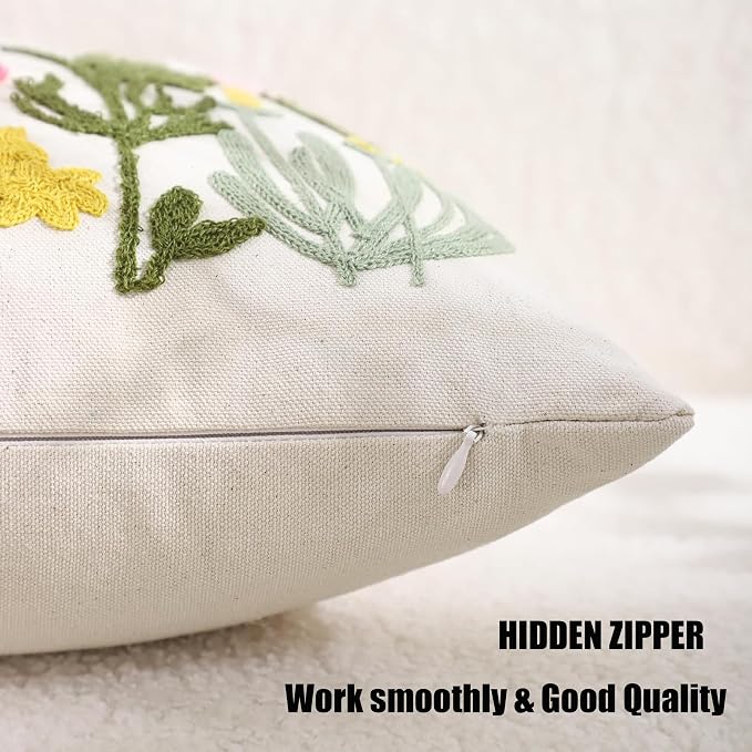 Embroidered Throw Pillow Covers 18x18 Pack of 2 Floral Decorative Pillow Covers Daisy Flowers Tufted Pillowcases Farmhouse Pillow Cushion Cases Square Pillow Case Summer Home Decor