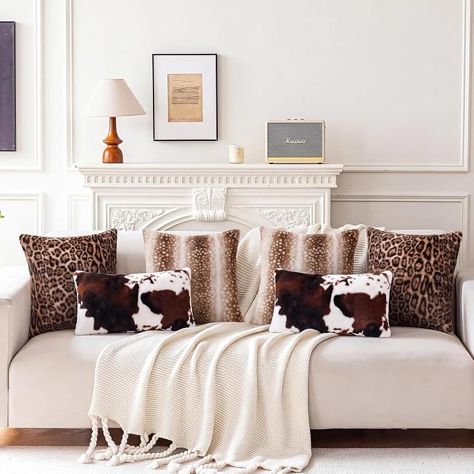 cygnus Cow Print Lumbar Pillow Covers 12x20 inch | Fluffy Fuzzy ，Decorative Square Faux Fur Throw Pillows， for Couch Sofa Living Room Bedroom Decor