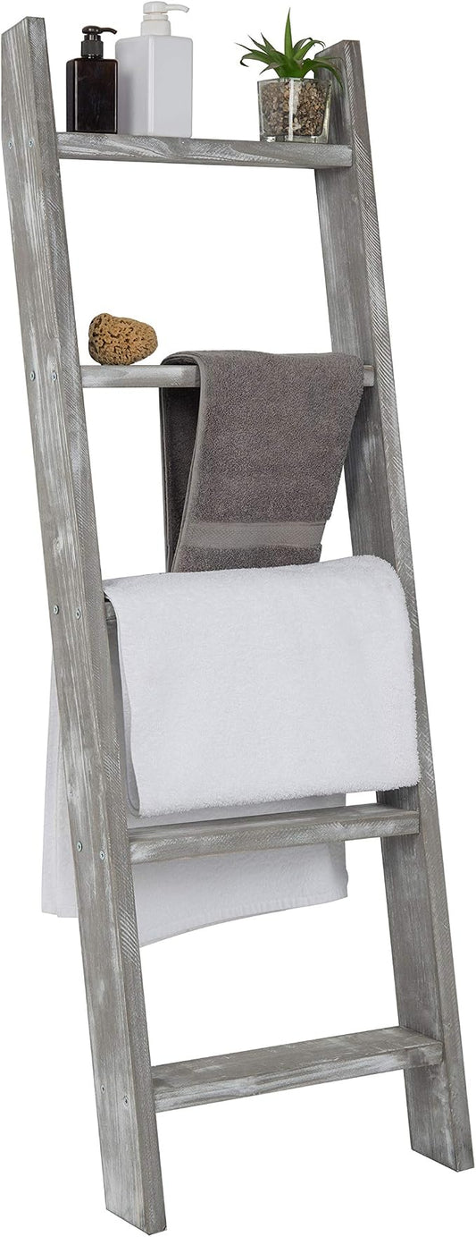 MyGift Graywashed Blanket Ladder, Farmhouse Towel Rack with 5 Rungs | Five-rung leaning design displays blankets, quilts, towels, and throws while adding farmhouse charm to any room