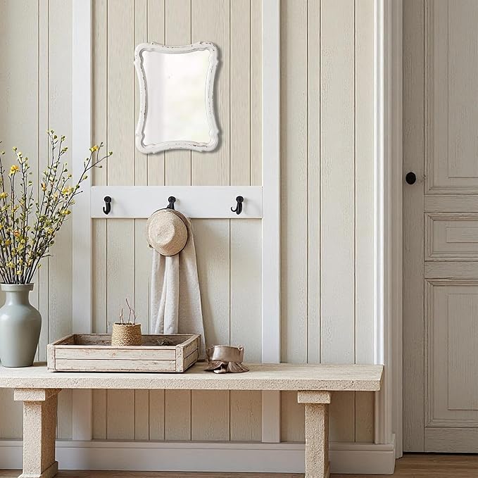 Rustic Wood Framed Small Wall Mirror Decor 12 x 9 inches | Handmade Distressed White Vintage Decorative Mirror, Hanging Ornate Accent Sculpted Farmhouse Mirrors for Bathroom