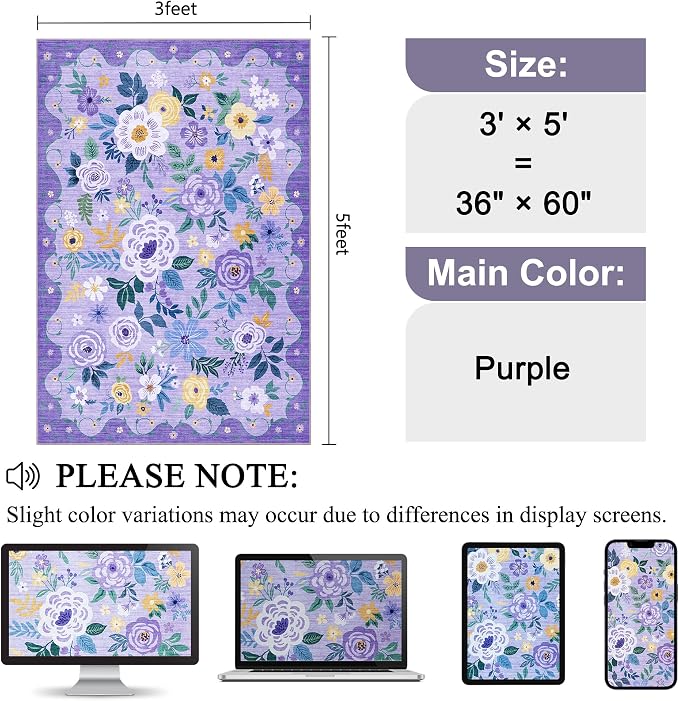 DUKINO 3x5 Area Rug, Floral Washable Rug for Bedroom Non Slip, Purple | Soft, Stain Resistant Low Pile Indoor Rug for Entryway, Bedroom, Bathroom, Living Room, Pet Friendly, Home Decor, Lightweight