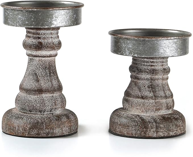 Distressed Wood & Metal Candle Holder, Set of 2 Modern Farmhouse Candlestick Holder, Farmhouse Table Decor, Rustic Decor for Mantel, Dining Table, Coffee Bar Centerpiece