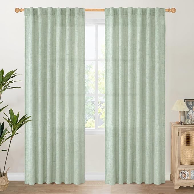 YoungsTex Sage Green Linen Curtains 80 Inch Length for Living Room, Semi Sheer Drapes Light Filtering with Back Tab Rod Pocket for Bedroom Spring Window Treatments, 52 X 80 Inch, 2 Panels