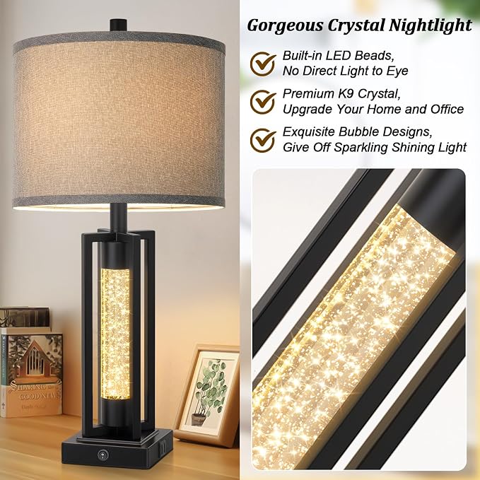 TOBUSA 26" Black Farmhouse Table Lamps Set of 2 with Crystal Night Light