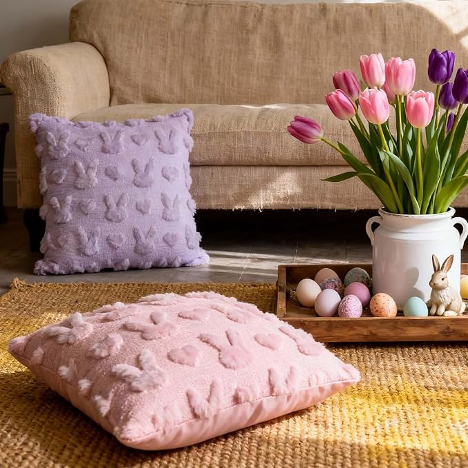 ONFAON Easter Decorations-Easter Day Pillow Covers, Set of 2 Soft Plush Short Wool Velvet Purple Throw Pillow Covers Farmhouse Seasonal Cushion Case Decoration for Sofa Couch 18 x 18 Inch