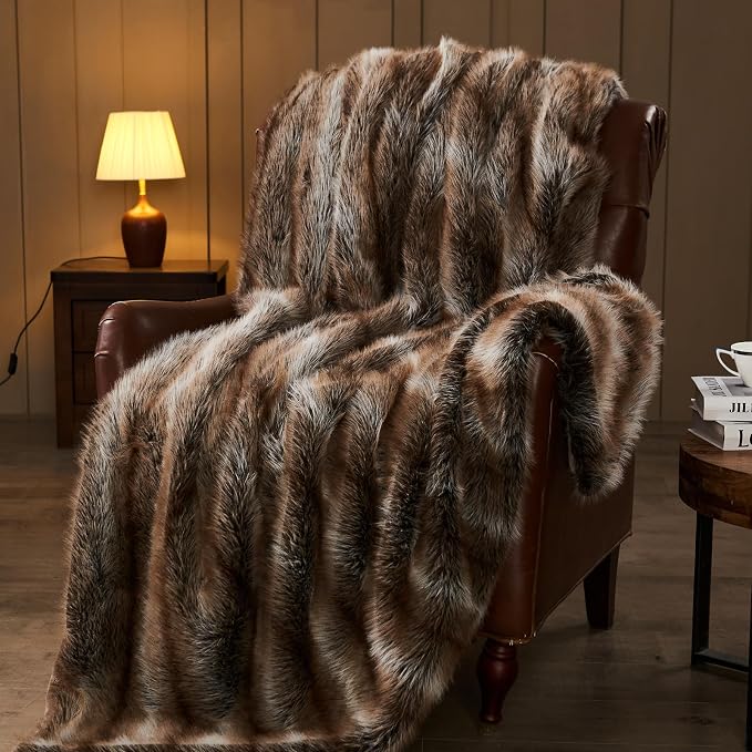 NEWCOSPLAY Faux Fur Thick Throw Blanket for Couch,Stripe Dark Brown,50"x60" | Luxury Fluffy Thick Warm Blanket for Couch Sofa Bed 1000GSM, Soft Plush Cozy Decorative Throw, Gift for Women Men