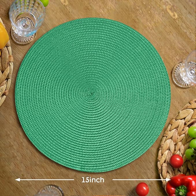 FunWheat Round Braided Placemats Set of 6 Table Mats for Dining Tables Woven Washable Non-Slip Place mats 15 inch(Holly Green, 6pcs)