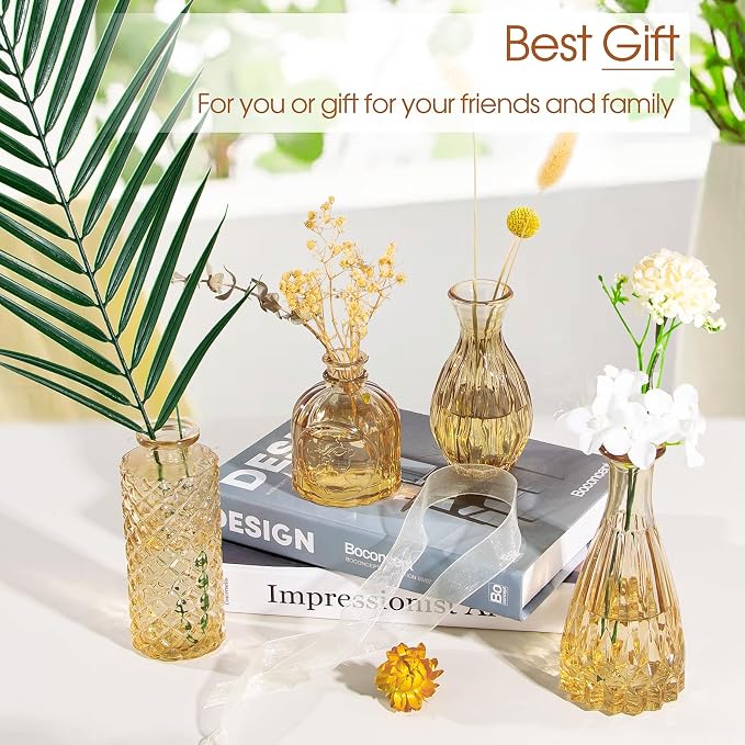 TBWIND Gold Amber Glass Bud Vases Set of 12, Small Vases for Flowers | Mini Vintage Vases, For Centerpieces, Bud Vase in Bulk, For Wedding Decor, Single Flowers, Office and Home Table Flower Décor