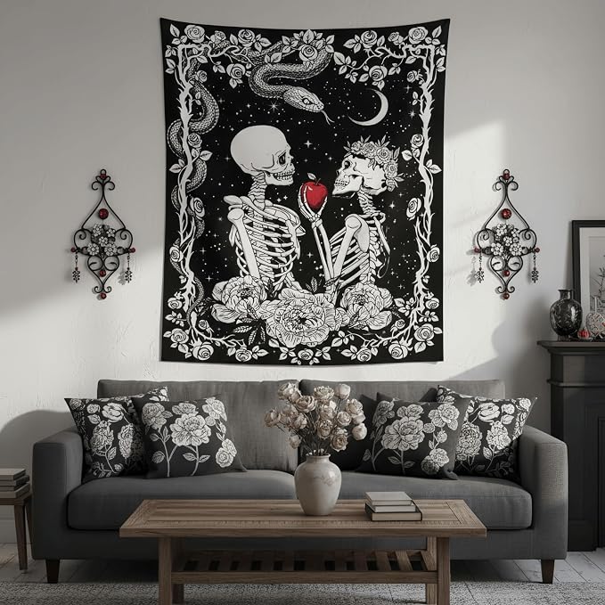 Accnicc Skeleton Lovers Tapestry Gothic Skull Vertical Tapestries Wall Hanging Black and White Floral Plant Snake Horror Large Tapestry for Bedroom Living Room Dorm 80 x 60 inch