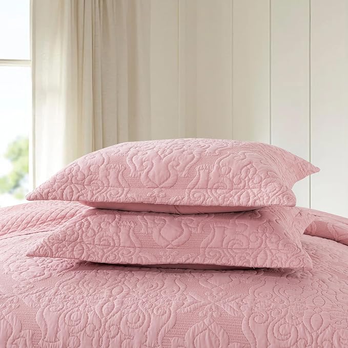 NEWLAKE Quilt Bedspread Set, Pink Jacquard Embossed Floral Pattern Reversible Embroidered Microfiber Coverlet Sets, King Size