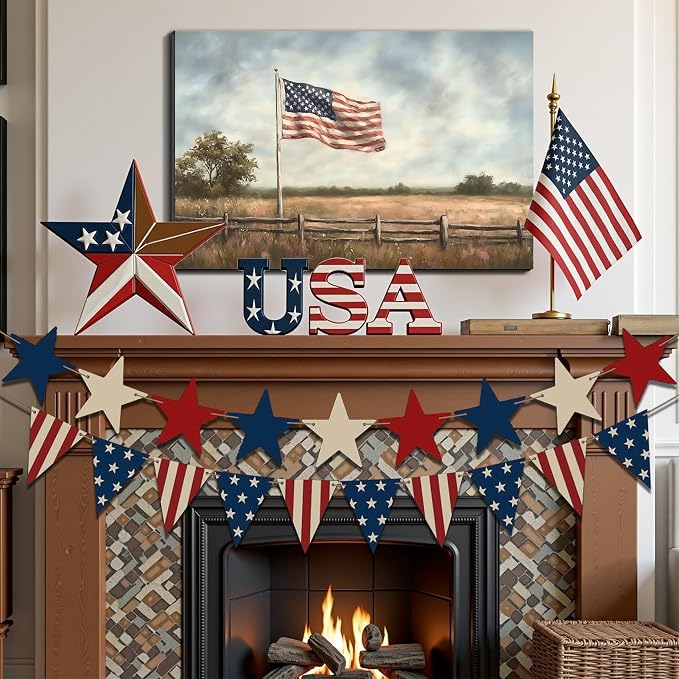Framed Vintage American Flag Field Wall Art, Patriotic Rustic Canvas Art Pictures, USA Flag Wall Decor for Living Room Farmhouse Garage, Ready to Hang Made in USA