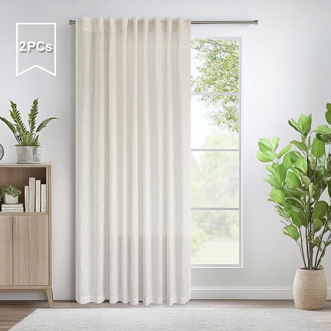 Off White Curtains 60 Inch Wide for Living Room 2 Panels Back Tab Pocket Extra Large Linen Drapes Semi Sheer Room Dividers Patio Curtains for Sliding Glass Door Apartment Width 60x96 Long Cream Ivory