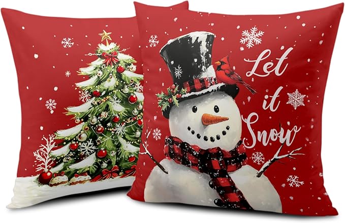 Red Christmas Pillow Covers Snowman Throw Pillow Covers Xmas Tree Pillow Case 22x22 Winter Snowflakes Cotton Blend Cushion Case for Holiday Decor Couch Sofa 2 Pack