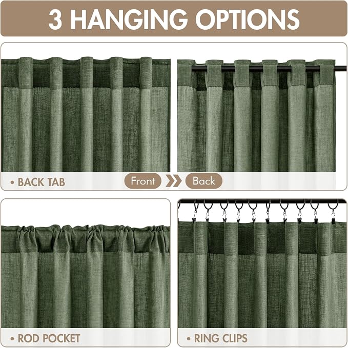 MIULEE Olive Green Back Tab Linen Curtains 4 Panels 42W x 102L | Linen material, light filtering, rod pocket back tab hanging, farmhouse decor for living room bedroom