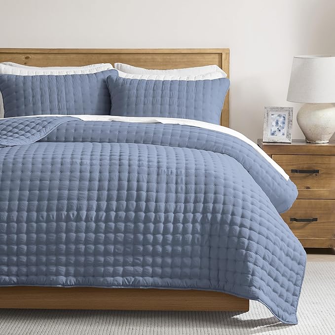 WDCOZY Dusty Blue Cloud Quilt Set King Size, Lightweight Soft Cross Stitch Bedspread, Farmhouse Rustic Country Coverlet, Spring Summer Thin Comforter, 3 Pieces, 2 Pillow Shams, 104x90 inches