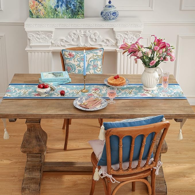 Patdrea Designer Vintage French Linen Table Runner,12"X118"-from | Tablerunner 118 Inches Long,Elegant Blue Floral Pattern,Thanksgiving Dining Table Decor for Living Room Banquet