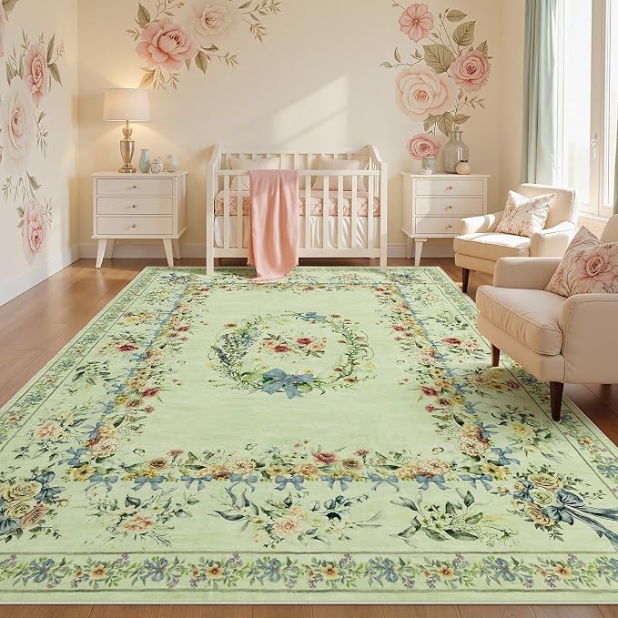Joydeco Boho Bow Floral 9x12 Rug for Living Room Bedroom, Beige Machine Washable Area Rug for Bedroom Girls Nursery, Non Slip Indoor Carpet for Playroom Kids Dining Room Dorm Classroom, Beige