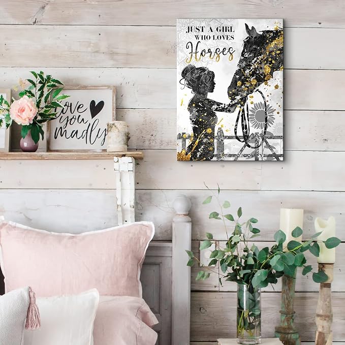 Parylore Rustic Religious Horse Wall Art Horse with Girl Picture Inspirational Painting Horse Gifts for Girls Framed Modern Artwork for Girls Bedroom Home Decor 12x16 inch