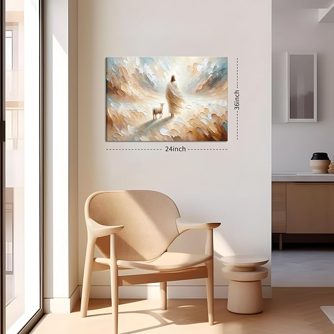 Jesus Leaves the 99 Sheep Canvas Wall Art, Christian Jesus Lamb Wall Decor Painting, The Lost Sheep Bible of Parable Posters Prints for Living & Prayer Room Church Home Decor 24x36 In Framed