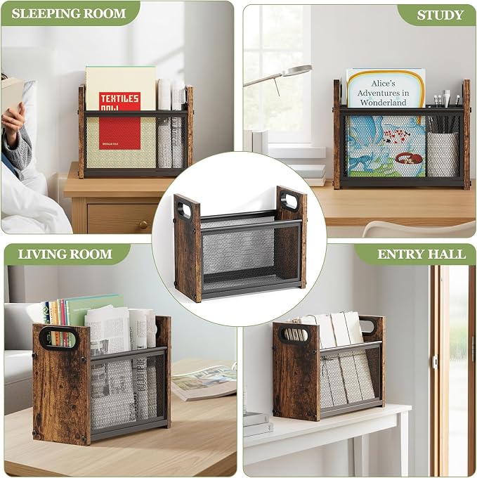 Rustic Magazine Holder, Wood Magazine Rack Floor, Magazine Storage Basket, Mesh Magazine File Holder, Magazine Holders for Shelves，Magazine Stand for Desk, Folder Organizer Bin for Magazines