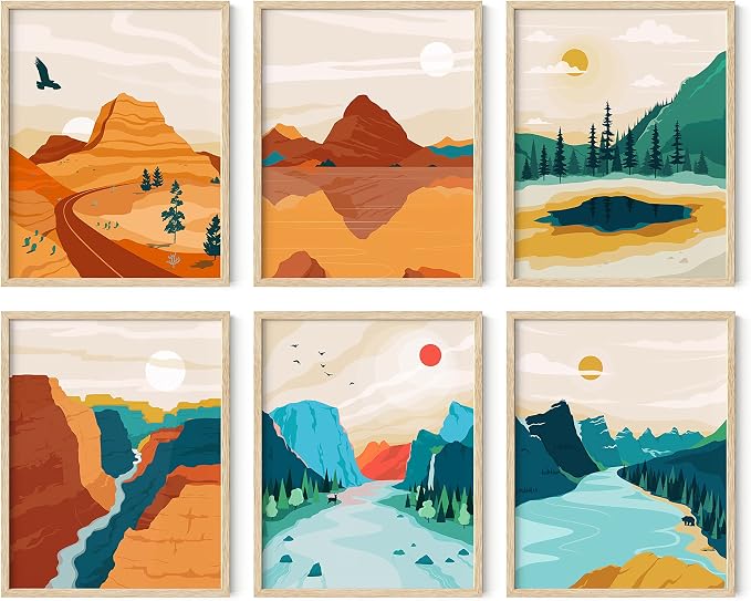 HAUS AND HUES Vintage National Park Posters - Set of 6 National Parks Art Prints, Nature Wall Art and Mountain Print Set, Abstract Prints of Mountain Wall Art (Beige Frame, 11x14)