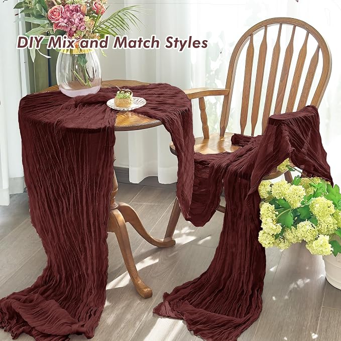 IVAPUPU Burgundy Red Table Runner 120 Inches for Birthday Party Home Decor | 2 Pcs Boho Gauze 10FT Cheesecloth Table Runners for Wedding Baby Shower Decorations Summer Garden Farmhouse