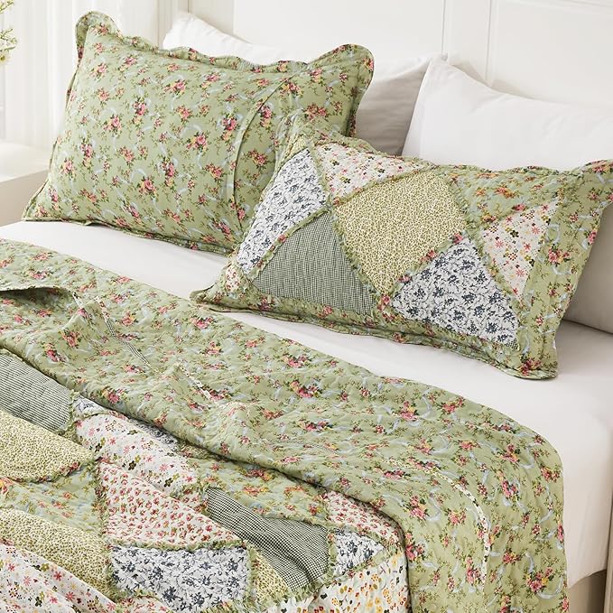 Full/Queen Size Quilt Set Green Floral Patchwork Bedspreads Coverlet Set | VIVILINEN 3-Piece Reversible Floral Bedding Set Lightweight Comforter Queen Bed Sheet Set Cover Blanket with 2 Pillow Shams