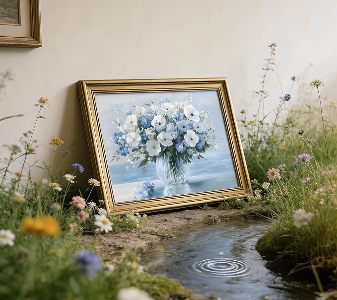 Rienkhu Gold Frame Vintage Flowers Canvas Wall Art Blue Beach Pictures Blossom Bathroom Wall Decor Modern Blue Ocean Background Artwork Prints Hanging in Office Dining Room Kitchen Bedroom 9x11in