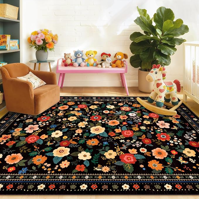 Washable Floral Area Rug for Living Room 5x7 Black | Non-Slip，Vacuum-Friendly, Low Pile, Flower Carpet for Bedroom Kitchen Entryway Dining Room Office Nursery