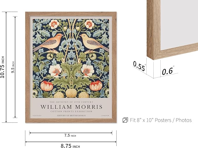 Poster Master William Morris Poster - Strawberry Thief Print - Bird Art - Botanical Design - Flower Art - Exhibition Display - Animal Illustration - Floral Design - Office or Bedroom Wall Decor - 8x10 Beige Framed