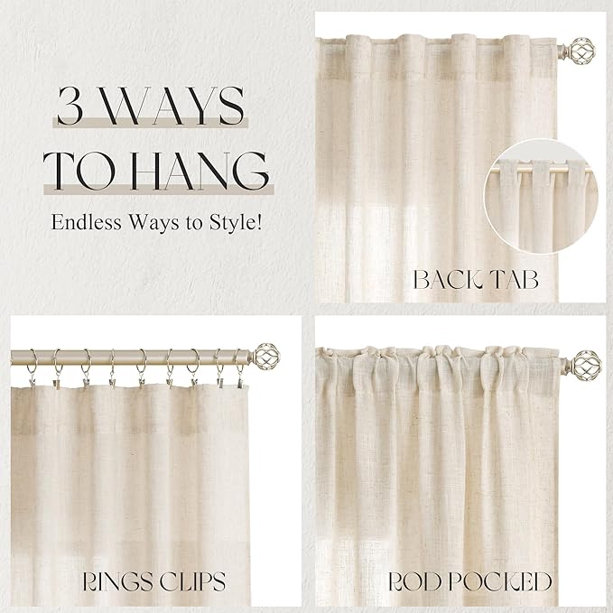 Jowels Beige Linen Curtains 84 Inch Long 2 Panels for Living Room | Tan Flax Light Filtering Sheer Curtain,Back Tab Pocket Pleated Look,Farmhouse Textured Privacy Drapes for Bedroom Window