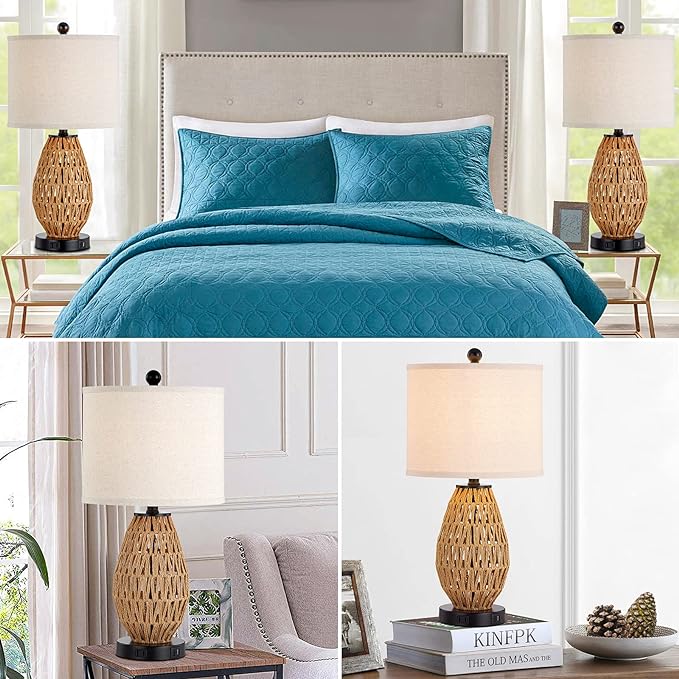 CINSARY Touch Control Rattan Table Lamps, 3 Way Dimmable Bedside Lamps for Bedroom Set of 2 with 2 USB Ports and AC Outlet, Wicker Nightstand Lamps for Living Room (LED Bulbs Included), Rattan