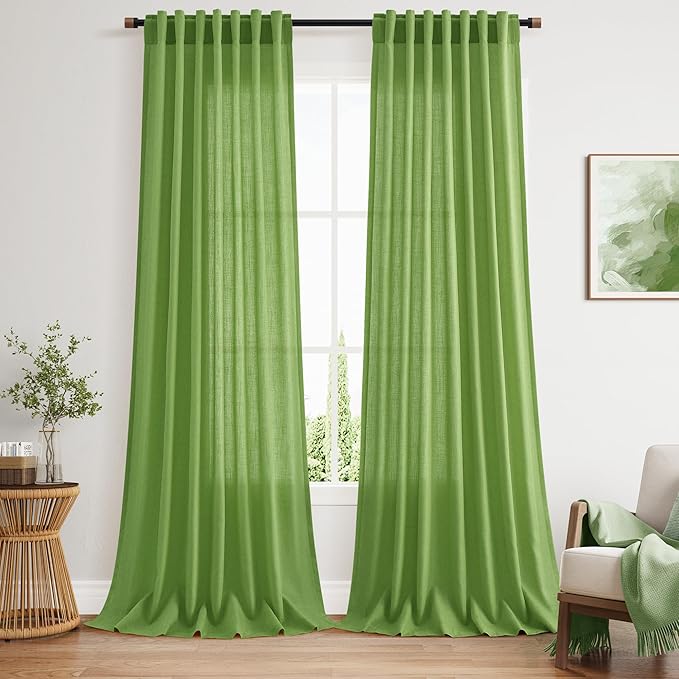 Lime Green Linen Blend Light Filtering Back Tab Curtains 102 Inches Long, Semi Sheer Privacy Drapes for Living Room & Bedroom, 52x102 inch, 2 Panels