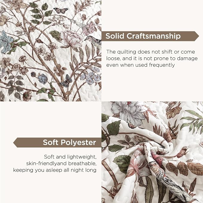 Litanika Floral White Quilt Queen - 3Pcs Botanical Birds Bedding Set | Bedspread Summer Lightweight Soft Coverlet with Pink Flower for All Seasons (96"x90")