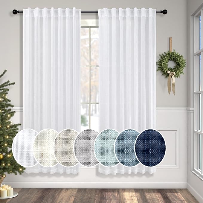 Pitalk White Boho Curtains 58 Inches Long for Living Room Bedroom 2 Panel Linen Back Tab Modern Farmhouse Window Curtain Privacy Semi Sheer White Linen Drape Pinch Pleated Look Curtain 52 x 58 Length