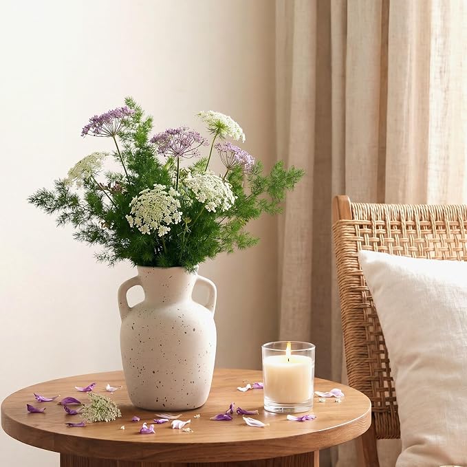 Ceramic Flower Vase with Handles, Tall White Vase, Large Decorative Terracotta Vases, Farmhouse Rustic Pottery Vases for Home Decor, Living Room