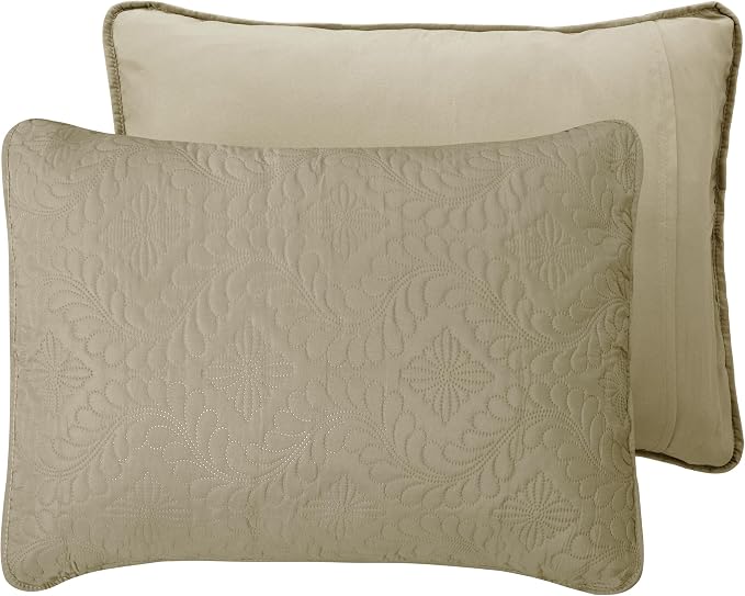 Easy-Going Reversible Quilt Set Full/Queen, Bedspread with 2 Shams | Olive leaf-Beige/Beige, Lightweight Bed Comforter, 1 Quilt + 2 Pillow Shams, All-Season Coverlets for Bedroom