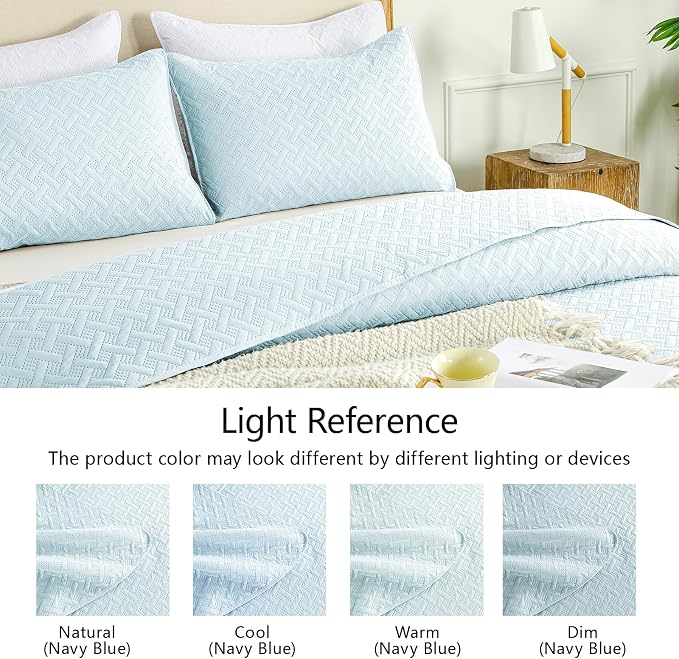FLYMME Quilts Queen Size, Lightweight Sky Blue Bedspreads, Basket Weave Pattern,Ultra Soft Microfiber Bed Coverlet 3 Pieces for All-Season (1 Quilt, 2 Shams)