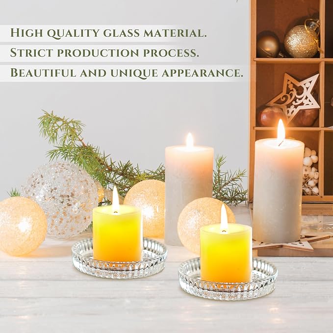 Set of 2 Glass Candle Holder Plates, 3.7'' Round Clear Pillar Candle Holder