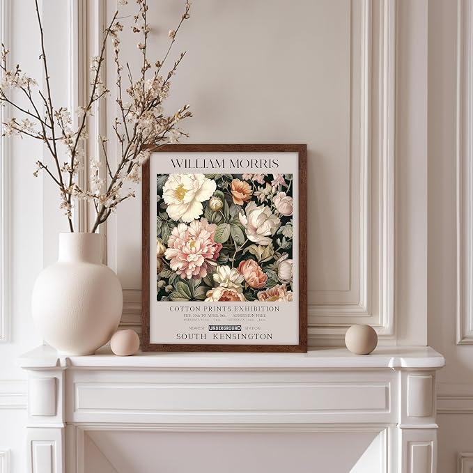 Poster Master William Morris Poster - Pink Peonies Print - Flower Art - Botanical Art - Exhibition Illustration - Textile Pattern Illustration - Floral Illustration - Aesthetic Office or Bedroom Decor - 8x10 Brown Framed