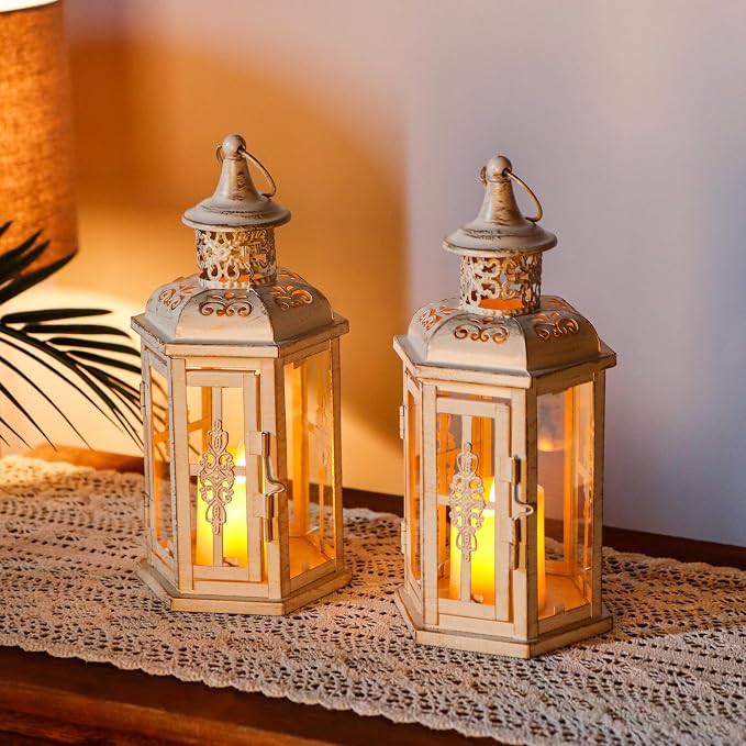 JHY DESIGN Set of 2 Rustic Decorative Lanterns 10" H Vintage Hanging Lantern Metal Candleholder for Indoor Outdoor, Events, Parities, Patio and Wedding(White with Gold Brush)