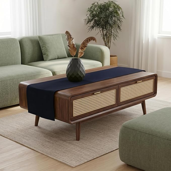 Solino Home 100% Pure Linen Dining Table Runner Navy Woven, Fete 14 x 60 in | brings a tailored look to family meals and hosting, European flax fibres, low iron finish, Navy, soft, OEKO-TEX Certified