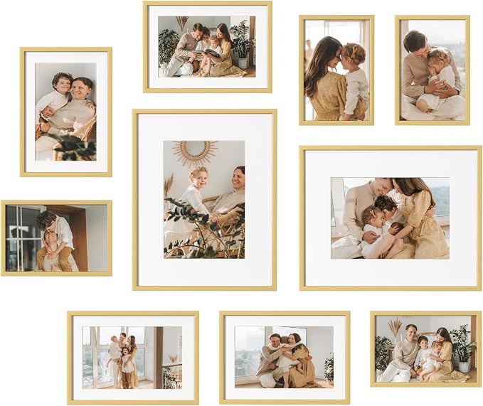 eletecpro Aluminum Gallery Wall Frame Set of 10 with Glass Cover, Gold | 2Pcs 8x10, 4Pcs 5x7, 4Pcs 4x6 Photo Frames, Multiple Sizes Picture Frames Collage Wall Decor or Tabletop