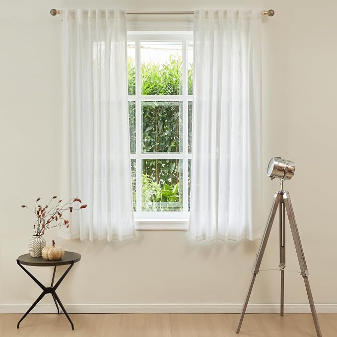 MYSKY HOME Short Curtains for Small Kitchen Windows 45 inches Length, Linen Look Curtain Drapes Cotton Polyester Blend, Soft Fabric Light Filtering Privacy Protect, Beige White, 50 x 45 inches, 2 PCs