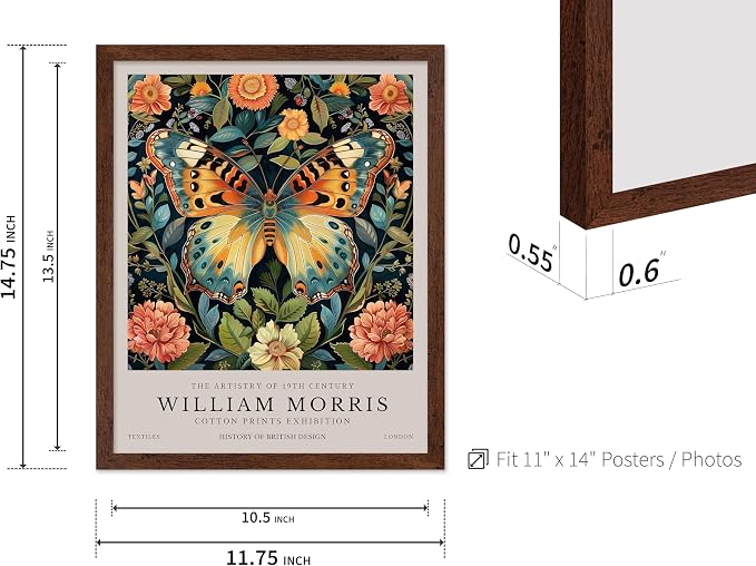 Poster Master William Morris Poster - Butterfly Print - Botanical Art - Flower Art - Exhibition Artwork - Animal Creation - Floral Piece - Aesthetic Illustration - Office or Living Room Decor - 11x14 Brown Framed
