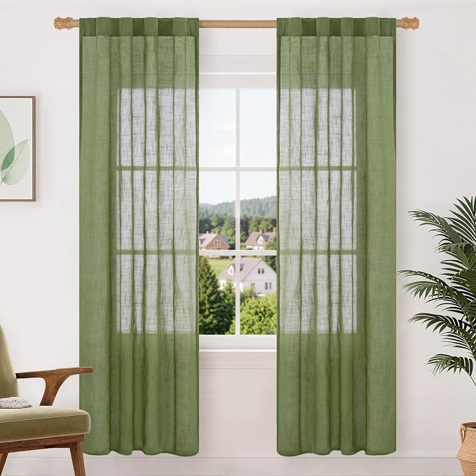 Light Filtering Semi Sheer Linen Curtains 72 Inch Length, Sage Green | Living Room, Curtains for Bedroom, Farmhouse, Spring Decor, Window Drapes, Back Tab Rod Pocket, 2 Panels, 34 x 72 Inch