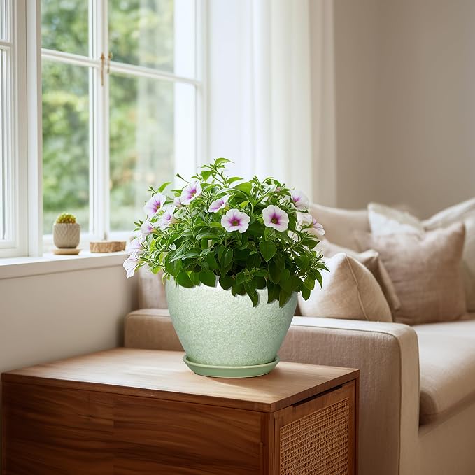 Ceramic Planter, 8 Inch Plant Pot, Crackle Light Green | Indoor Planters for Indoor Plants, Decorative Flower Pots with Drainage Hole and Saucer, Office Decor, Plant Lover Gifts