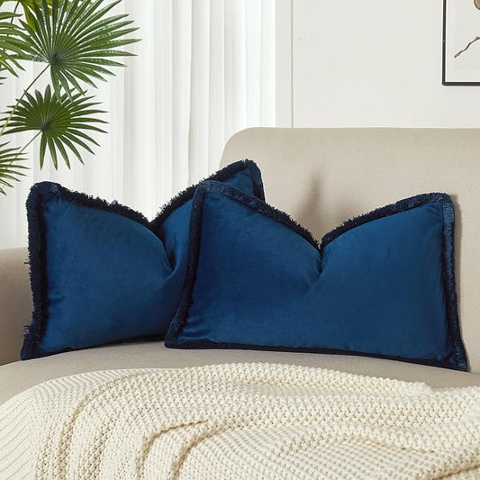 JUSPURBET Navy Blue Lumbar Velvet Throw Pillow Covers 12x20 Inch Set of 2 with Soft Tassel Fringe Luxury Boho Pillowcase for Sofa Couch Bed Home Decor Machine Washable