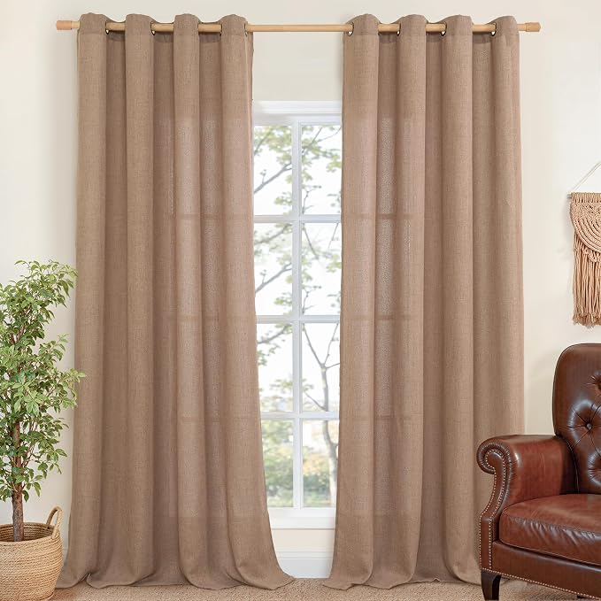 Extra Long Linen Semi Sheer Curtains 102 Inch Length for Living Room | Light Filtering Drapes with Grommet Floor Length for Dining Bedroom Window, Mocha Brown, 2 Panels, 52 X 102 Inch