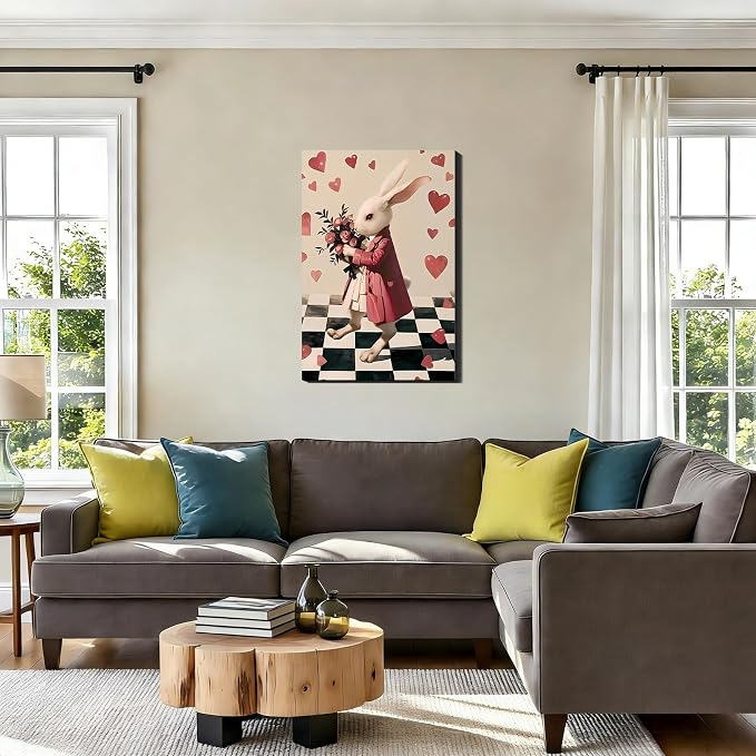 Large Whimsical Easter Bunny Canvas Art 24x36, Romantic Framed Rabbit Picture for Hallway, Bedroom, Light Spring Heart Pictures for Easter Dinning Room Home Wall Decoration
